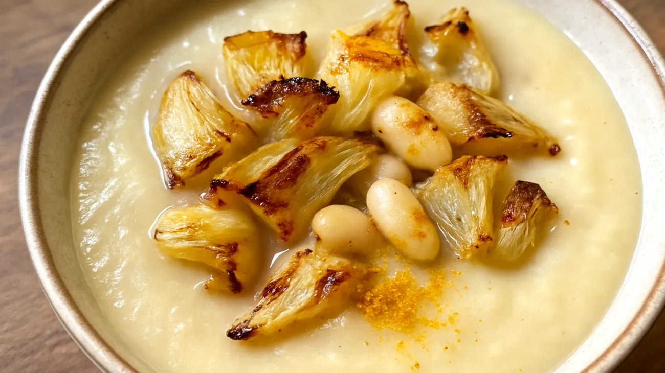 Roasted fennel and white bean soup with turmeric"